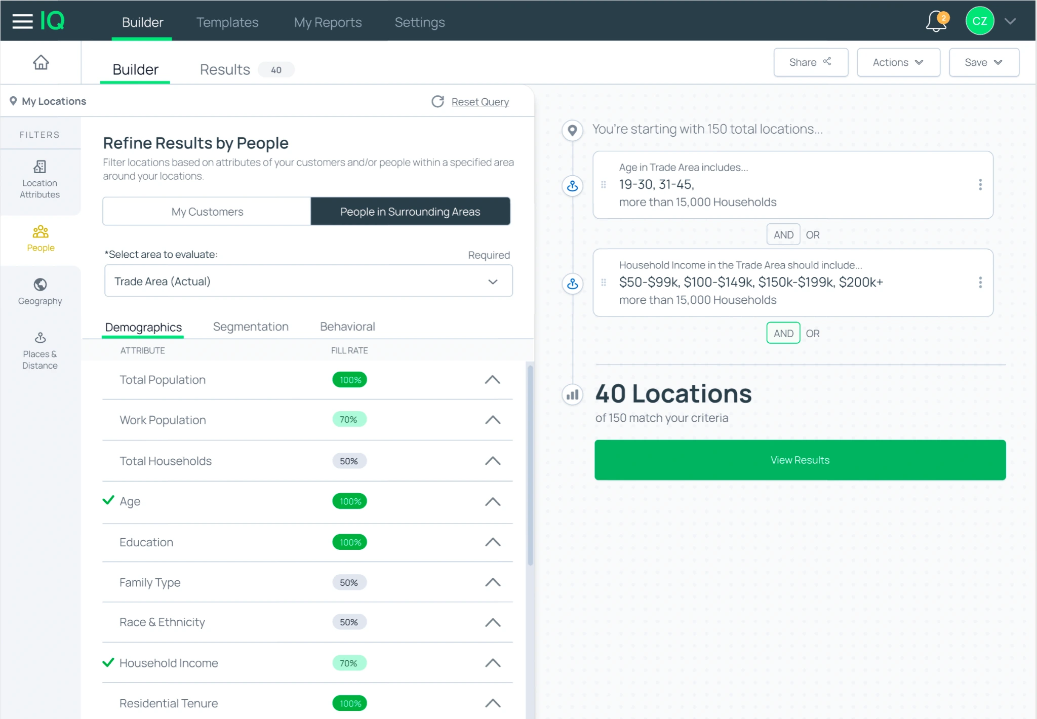 IQ builder interface with people filters and results summary