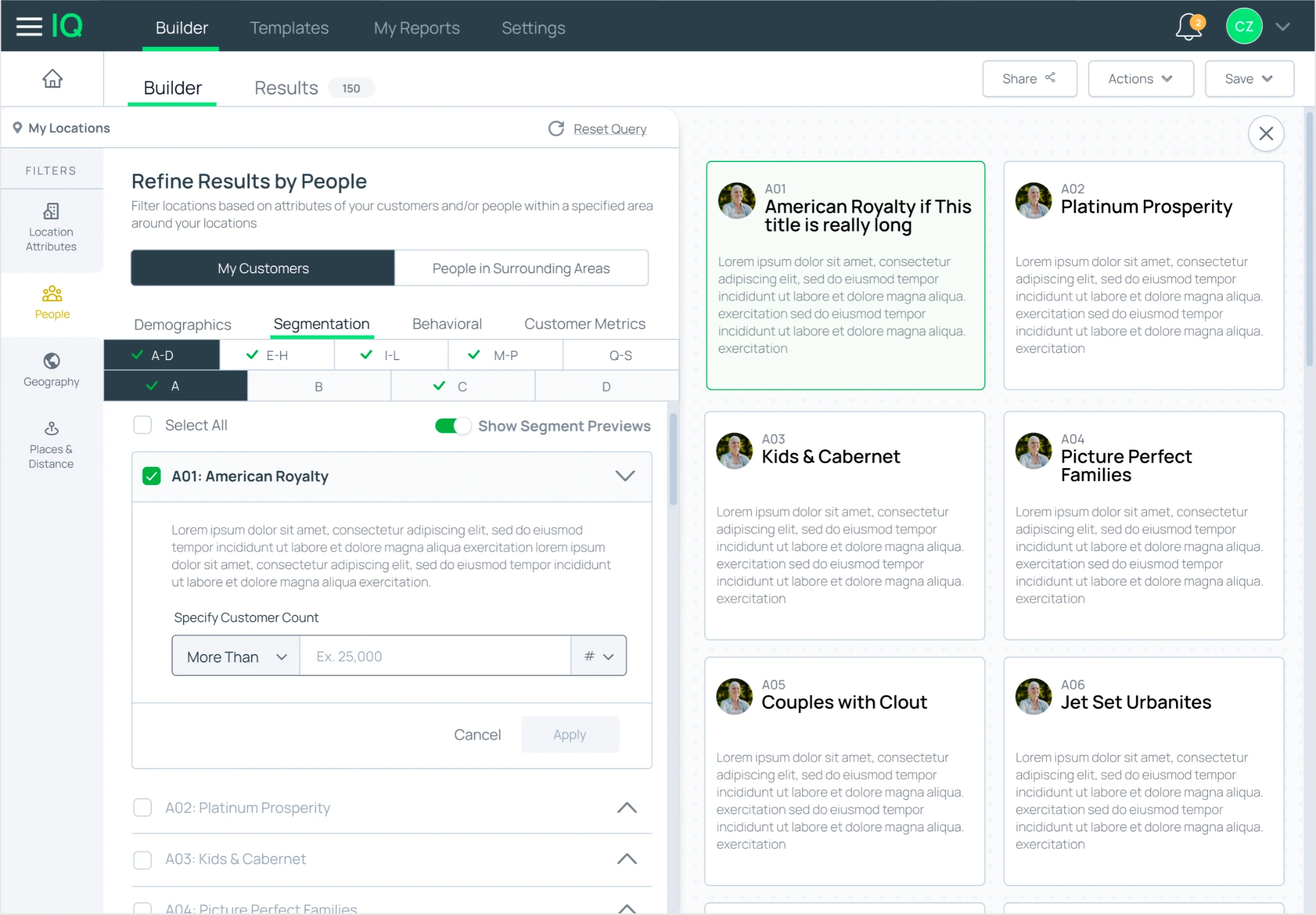 IQ supporting preview showing audience segmentation