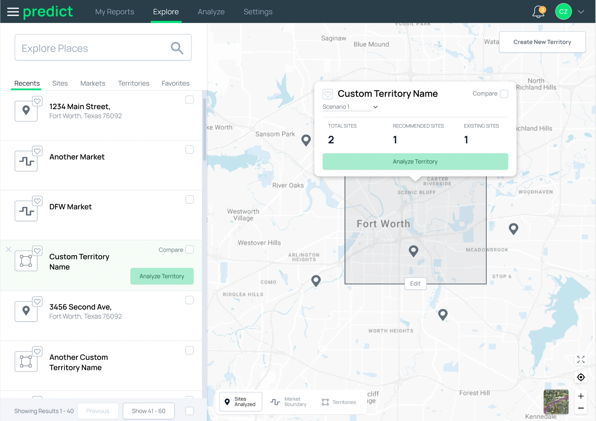Predict supporting preview showing explore territories