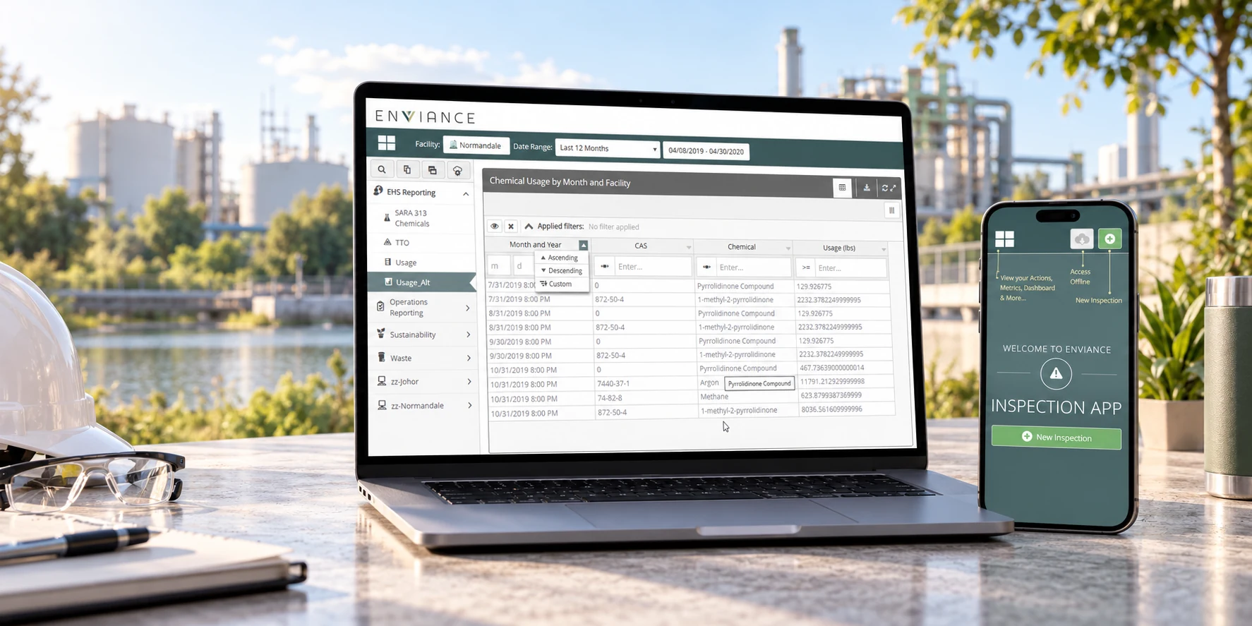 Enviance environmental management platform and mobile inspection app on laptop and phone