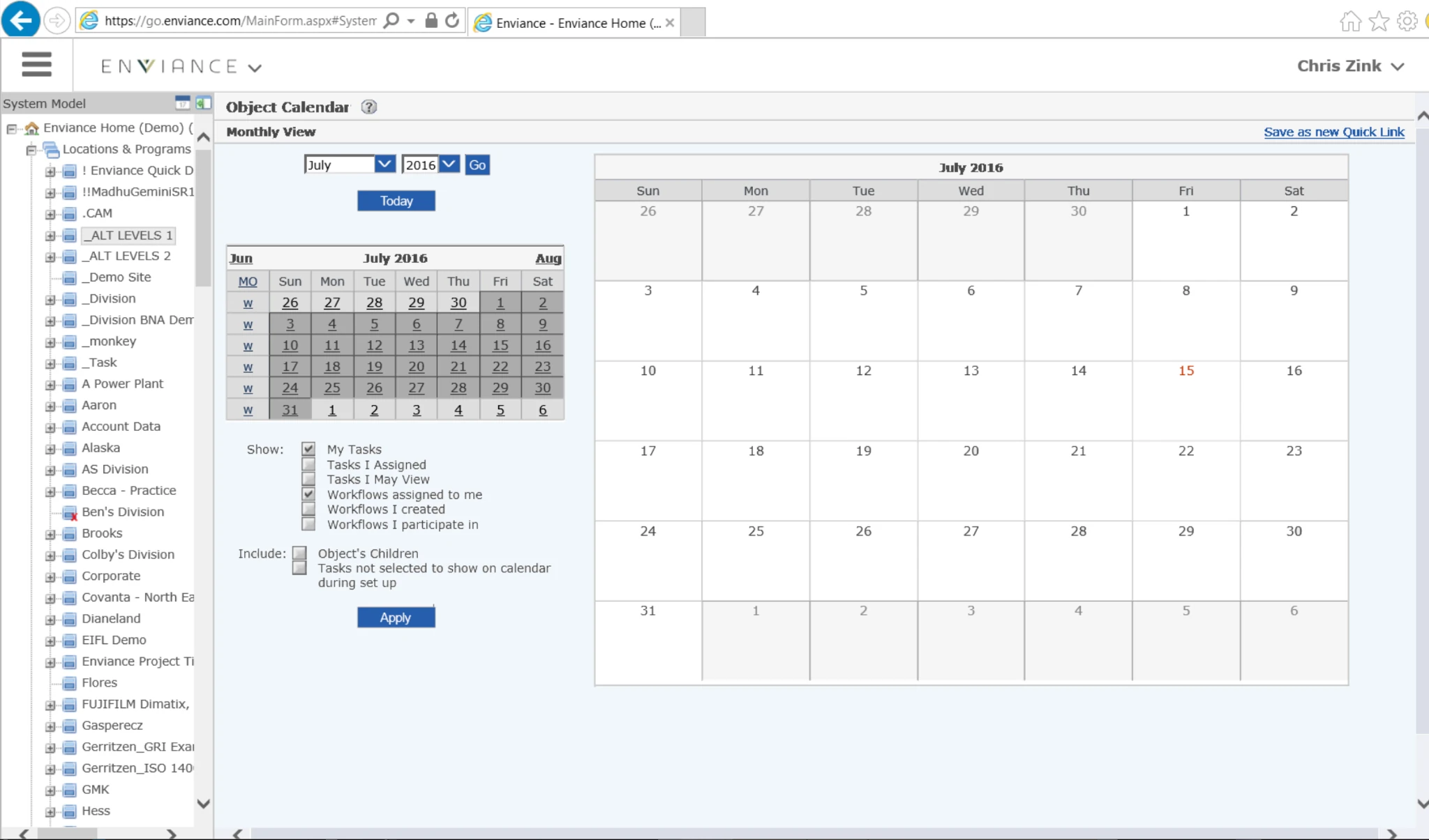 Legacy Enviance object calendar and navigation tree