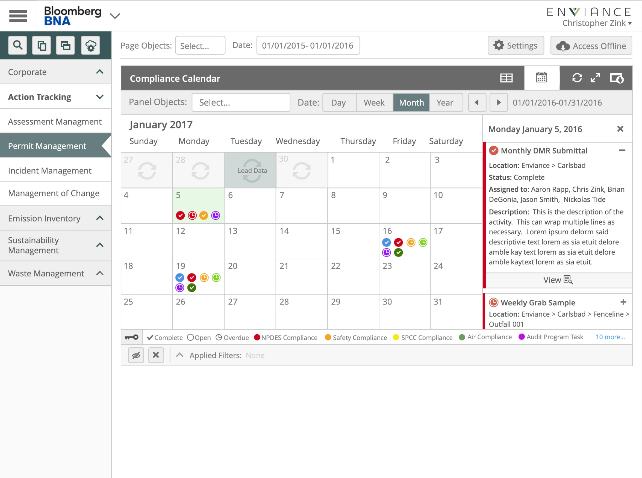 Compliance calendar showing tasks, statuses, and event details across EH&S workflows