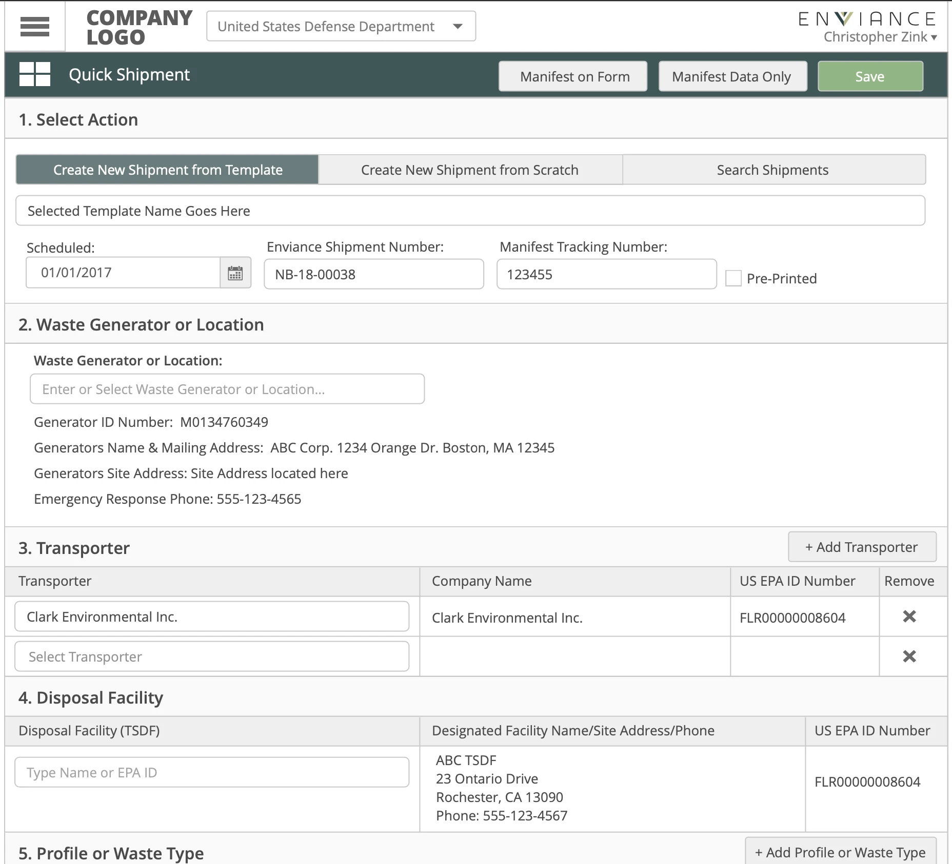 Quick shipment screen for waste management