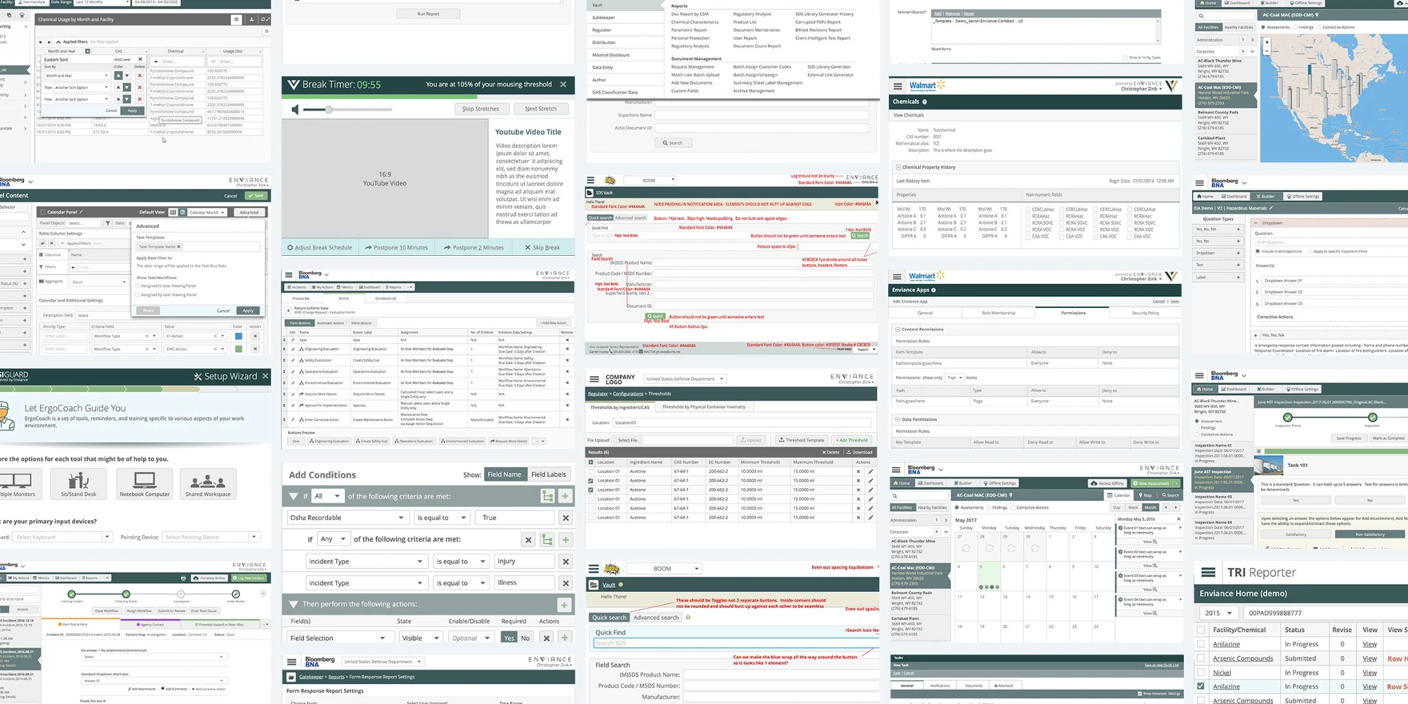 Collage of Enviance design wireframes, dashboards, workflow concepts, and product explorations