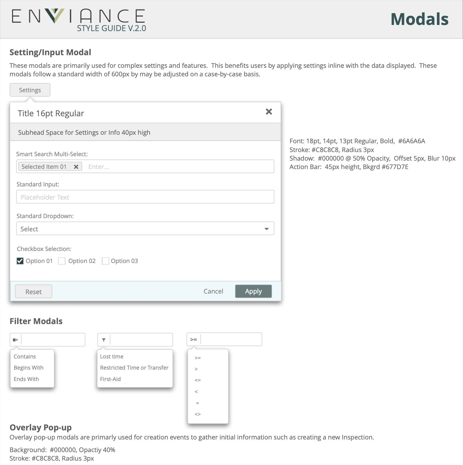 Enviance style guide: settings, filters, and overlay modals