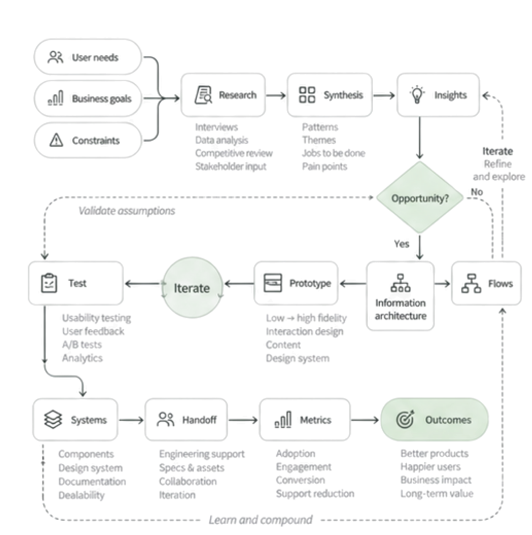 Product design process flowchart: user needs, business goals and constraints lead through research, synthesis, insights, information architecture, prototyping, testing, design systems, engineering handoff and metrics toward better products, happier users and business outcomes. The process iterates continuously.