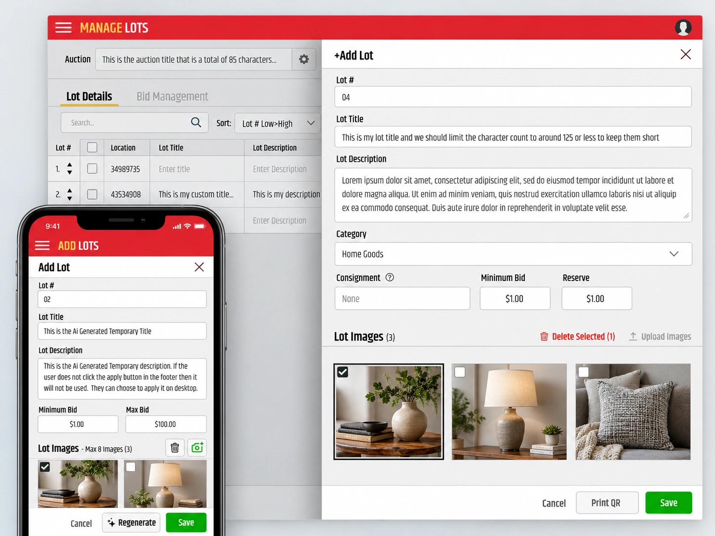 Gavel Manage Lots desktop administrator view with the Add Lot mobile interface overlaid at left