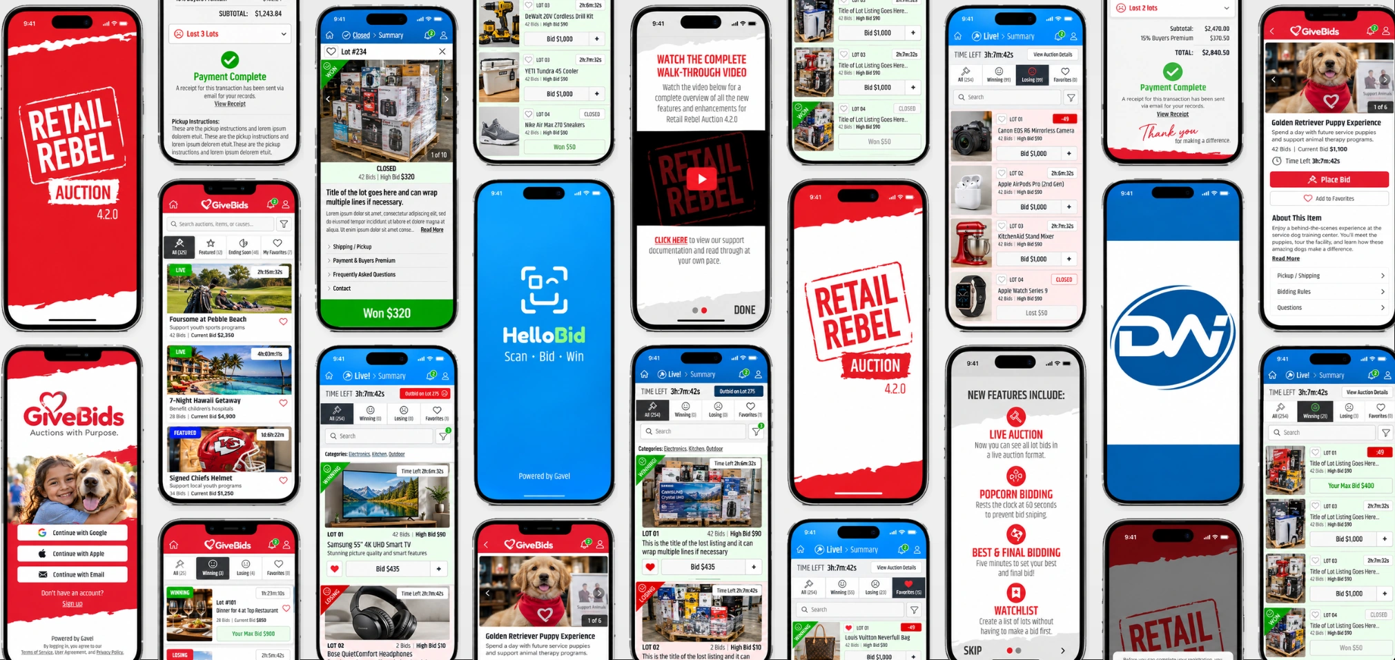 Offset grid of Gavel-powered auction mobile applications including Retail Rebel, GiveBids, HelloBid, and other white-label bidding experiences.