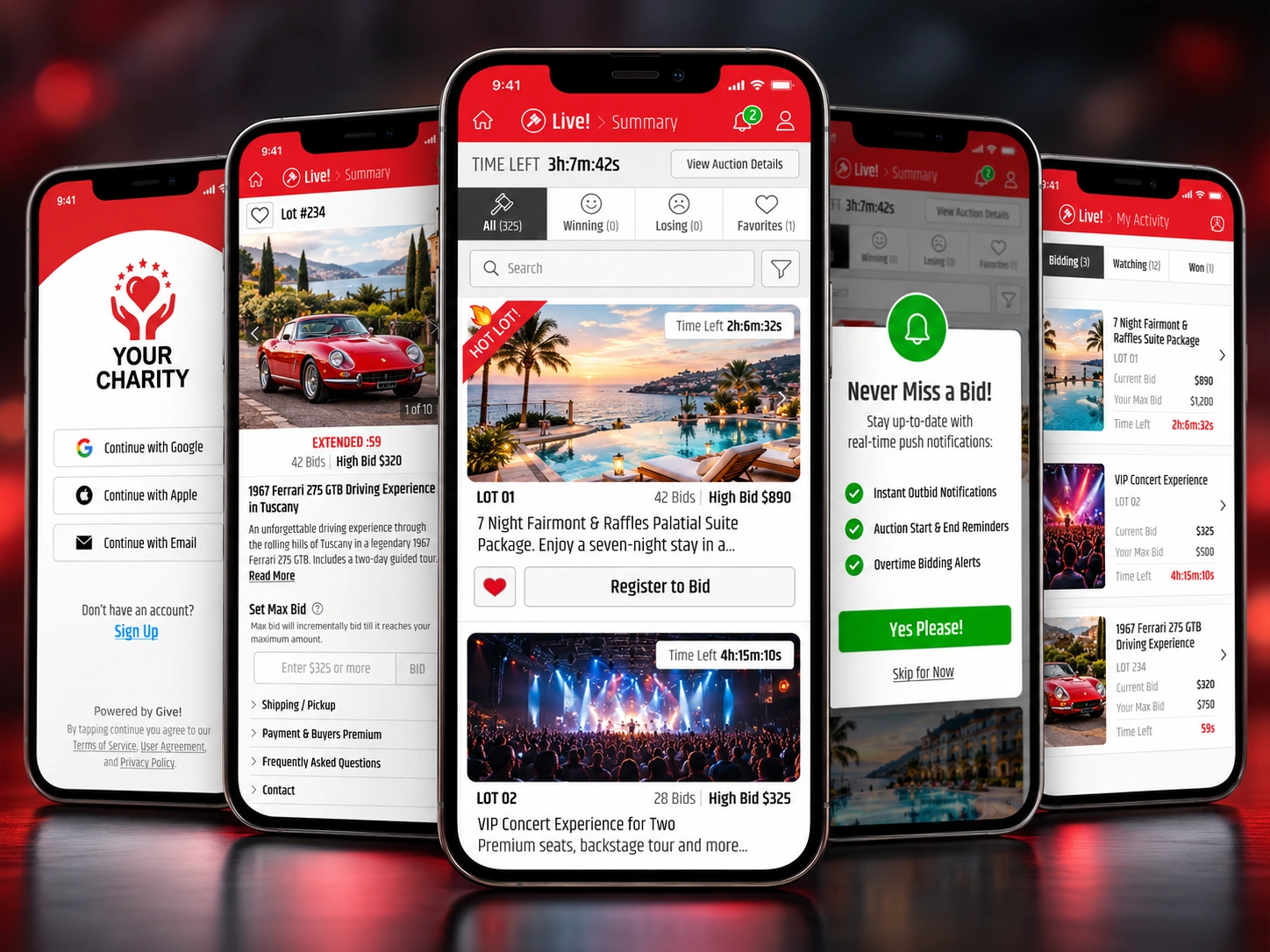 Gavel bidder experience across five phones, including charity sign-in, live auction listings, lot details, bid notifications, and auction activity