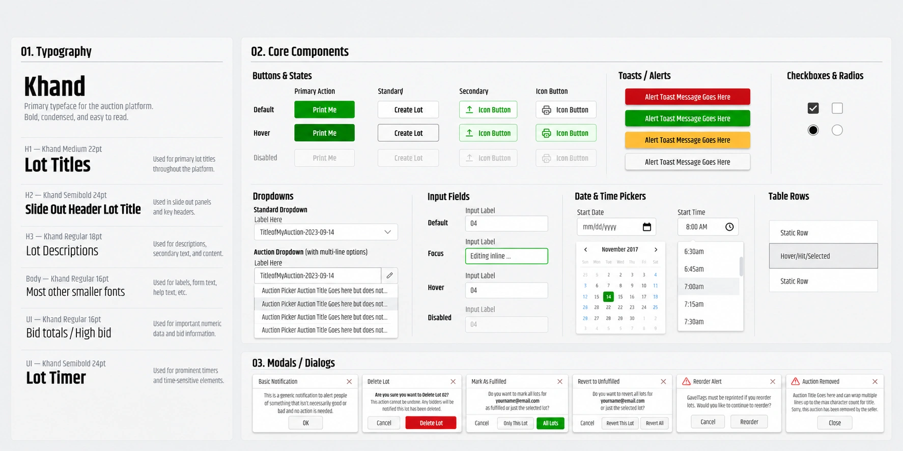 Gavel design-system work in progress. A wide layout combining Khand typography guidelines, button states, dropdowns, input fields, date and time pickers, alerts, table rows, and dialog patterns.